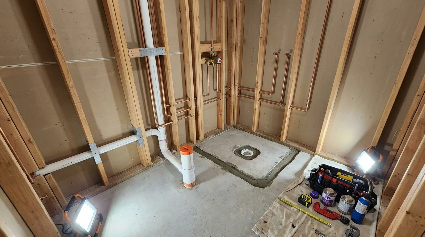 Bathroom rough-in plumbing during remodel by Johns Plumbing LLC in Erwin