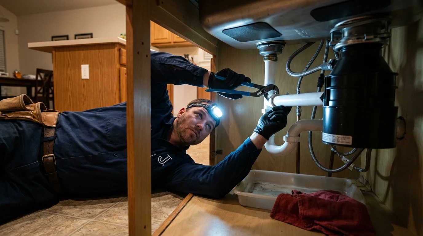 P-trap and supply line connections under a kitchen sink showing a common leak point in Erwin, TN